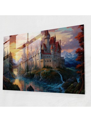 Popcasso Muhteşem Kale Temperli Cam Tablo - Ortaçağ Modern Sanat Rönesans Temalı Günbatımı Görseli