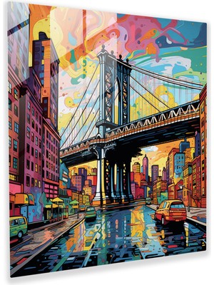 Popcasso Canlı Brooklyn Köprüsü Temperli Cam Tablo - Pop Sanat Tarzında Duvar Dekoru