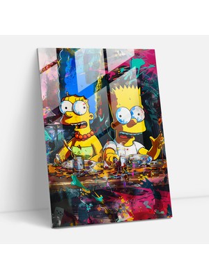 Popcasso Aile Yemeği Temalı Cam Tablo - Simpsons Karakterleri ile Aile Buluşması Duvar Dekoru