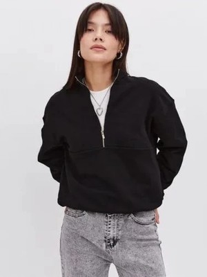 Pileli Store Oversize Yarım Farmuarlı Yakalı Basic Sweatshirt - Siyah -