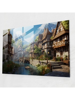 Popcasso Orta Çağ Köyü Cam Tablo - Orta Çağ Temalı Duvar Dekorasyonu Ahşap Çerçeveli Evler