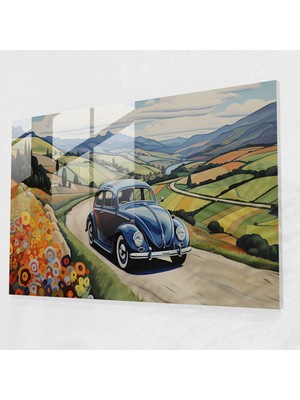 Popcasso Kırsal Manzara Temalı Araç Cam Tablo - Modern Sanat ile Volkswagen Beetle Görseli