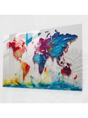 Popcasso Pop Art Dünya Haritası Temperli Cam Tablo - Cesur Renkler ile Tasarlanmış Dünya Haritası