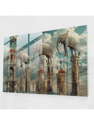 Popcasso Sütun Üzerindeki Fil Cam Duvar Tablosu - Salvador Dali Teması ile Dekoratif Cam Tablo