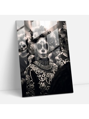 Popcasso Los Muertos Temalı Cam Duvar Tablosu - Siyah Beyaz Figürler