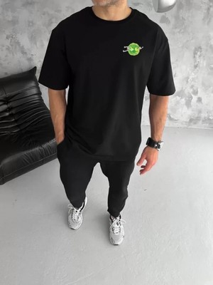 Pileli Store Pilelistore- Unisex Bisiklet Yaka Baskılı Oversize T-Shirt - Siyah