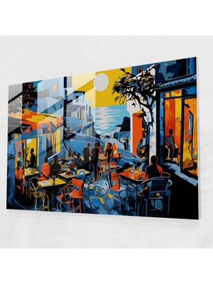 Popcasso Santorini Pop Art Illüstrasyonu Temperli Cam Tablo - Canlı ve Enerjik Renkler, Gece Hayatı Teması