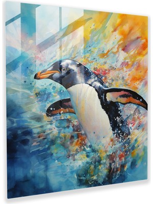 Popcasso Renkli Penguen Temperli Cam Tablo - Penguen Temalı Dekoratif Cam Tablo