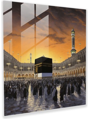 Popcasso Kaaba Güneş Doğuşu Temperli Cam Tablo - Modern Sanat ile Sıcak Tonlarda Huzurlu Atmosfer