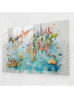Popcasso Dünya Haritası Modern Sanat Cam Tablo - Oyuncu Renklerle Dekoratif Tasarım