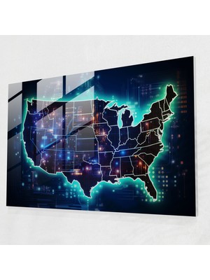 Popcasso Gelecek Odaklı Amerika Birleşik Devletleri Haritası Cam Tablo - Neon Renklerde Duvar Dekorasyonu