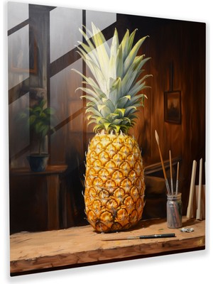 Popcasso Rustik Ananas Cam Tablo - Gerçekçi Yağlı Boya Ananas Temalı Cam Duvar Tablosu