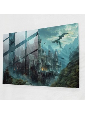 Popcasso Ortaçağ Kalesi Temalı Temperli Cam Tablo - Pre-Rafaelite Brotherhood Tarzı - Modern Sanat ile Duvar Süslemesi