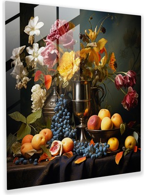 Popcasso Rönesans Meyve ve Çiçekler Temalı Cam Tablo - Bolluk Konsepti Için Dekoratif Duvar Görseli