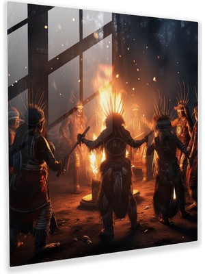 Popcasso Kızılderili Temalı Temperli Cam Tablo - Kabile Dansçıları Ritüel Dansı - Modern Sanat Yorumuyla