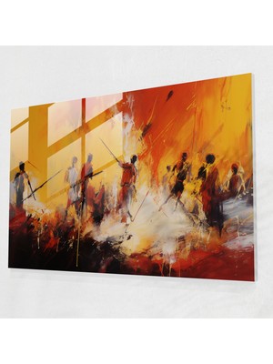 Popcasso Taş Devri Temalı Temperli Cam Tablo: Soyut Akrilik Boyama ile Eşsiz Tasarım