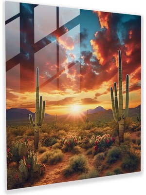Popcasso Güneybatı Saguaro Cam Tablo - Günbatımı Gökyüzü ve Saguaro Kaktüsleri Temalı Dekoratif Parça