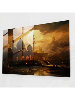 Popcasso Altın Rengi Islam Hat Sanatı Cam Tablo - Akşam Vakti Cami Manzarası - Modern Sanat Temalı Dekoratif Tablo