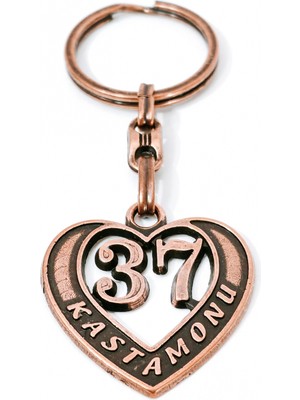 Moncuk Design Kastamonu "37" Temalı Antik Bakır Renk Metal Kalp Anahtarlık - Özel Tasarım & Hediyelik