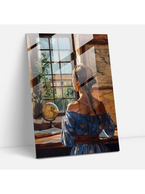 Popcasso Johannes Vermeer Temalı Cam Tablo - Harita ile Pencerede Kadın Görseli - Modern Sanat Eserleri