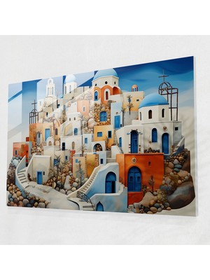 Popcasso Santorini Temalı Cam Duvar Tablosu - Masalsı Karışık Medya Sanatı ile Hayal Gücünün Yansıması