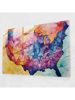 Popcasso Amerika Birleşik Devletleri Haritası Cam Duvar Tablosu - Temperli Cam Tablo