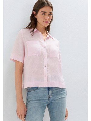 Mavi Cepli Pembe Keten Gömlek 1211466-90773