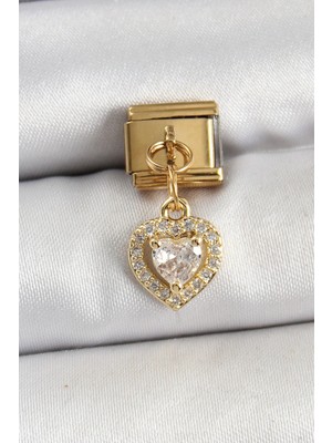 Nacario Mey Ithalat® 316L Çelik Sallantılı Zirkon Taşlı Kalp Model Gold Renk Nomination Charm