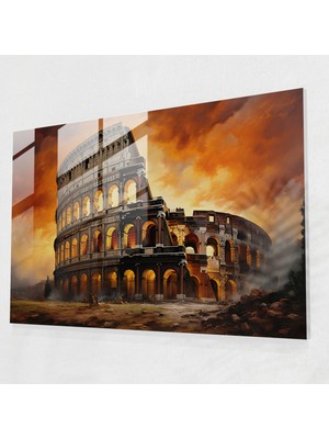 Popcasso Roma Cam Duvar Tablosu - Kolezyum'un Büyüsü - Dramatik Günbatımı Gökyüzü Teması