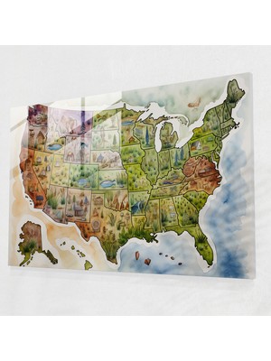 Popcasso Amerika Birleşik Devletleri Haritası Temperli Cam Tablo - Duvar Dekorasyonu Için Modern Harita Tasarımı