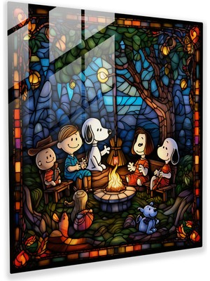 Popcasso Snoopy Temalı Vitray Cam Tablo - Renkli Cam Dekoru