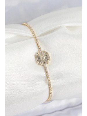 Nacario Mey Ithalat® Pirinç Zirkon Taşlı Kare Model Gold Renk Kadın Bilekilk
