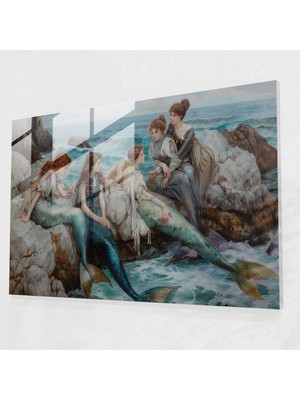 Popcasso Efsanevi Denizkızları Cam Duvar Tablosu - Pre-Raphaelite Brotherhood Temalı Dekoratif Görsel