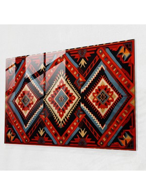 Popcasso Geometrik Türk Halı Temalı Cam Duvar Tablosu – Modern Sanat ve Canlı Renklerle Sunturlu Tasarım