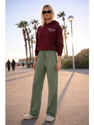 Damga Kadın Yüksek Bel Lastikli Yeşil Keten Pantolon