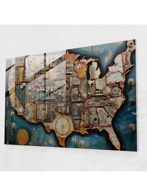 Popcasso Amerika Birleşik Devletleri Haritası Temperli Cam Tablo – Farklı Elemanlar ve Dokularla Tasarlanmış Modern Görsel Öğe