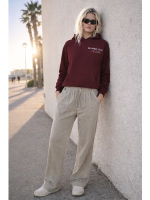 Damga Kadın Yüksek Bel Lastikli Gri Keten Pantolon