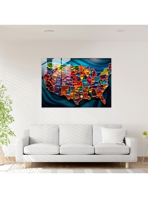 Popcasso Amerika Birleşik Devletleri Temalı Cam Duvar Tablosu - Detaylı Desenler ile Soyut Harita Görseli