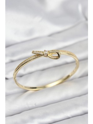 Nacario Mey Ithalat® Pirinç Gold Renk Zirkon Taşlı Fiyonk Model Kadın Kelepçe Bileklik