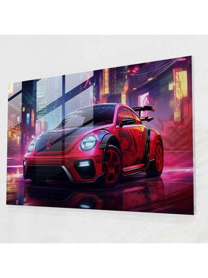 Popcasso Modern Sanat Volkswagen Beetle Temalı Cam Duvar Tablosu - Gelecek Şehir Manzarası
