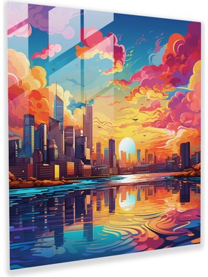 Popcasso Dünyanın En Güzel Manzaraları Canlı Şehir Silueti Temperli Cam Tablo Renkli Günbatımı