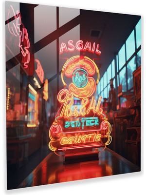 Popcasso Retro Neon Tipografi Temperli Cam Tablo - Modern Sanat Retrosu Duvar Dekoru