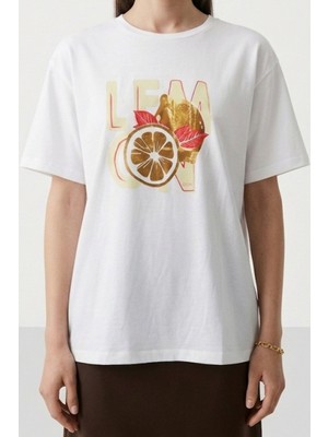 Iperia Ekru %100 Pamuk Lemon Baskılı Oversize  T-Shirt
