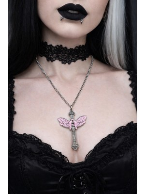 Herşey Nota Pembe Kelebek Detaylı Gotik Haç Kolye Gümüş Renk Zincir Unisex