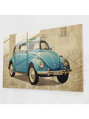 Popcasso Vintage Tasarım Cam Tablo - Volkswagen Beetle Retro