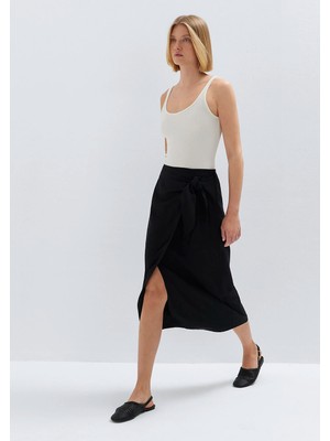 Mavi Keten Karışımlı Siyah Midi Etek 1310765-900