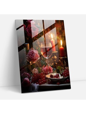 Popcasso Romantik Gül Desenli Cam Tablo - Şarap Bardağı Teması ile Dekoratif Duvar Sanatı