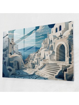 Popcasso Santorini Modern Sanat Gerçeküstü Dijital Başyapıt Cam Duvar Tablosu