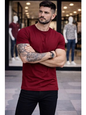 Asmedo Erkek Body Tişört Bisiklet Yaka Slim Fit Likralı T-Shirt - Bordo