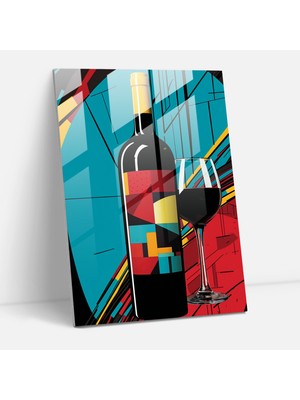 Popcasso Temperli Cam Tablo Pop Art Şarap Şişesi Grafik Elemanlar Canlı Renkler